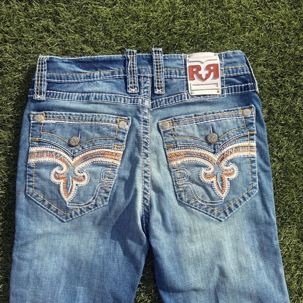 Rock Revival Men 34x29 Blue Denim Jeans Medium Wash Y2K Streetwear Embroidered
